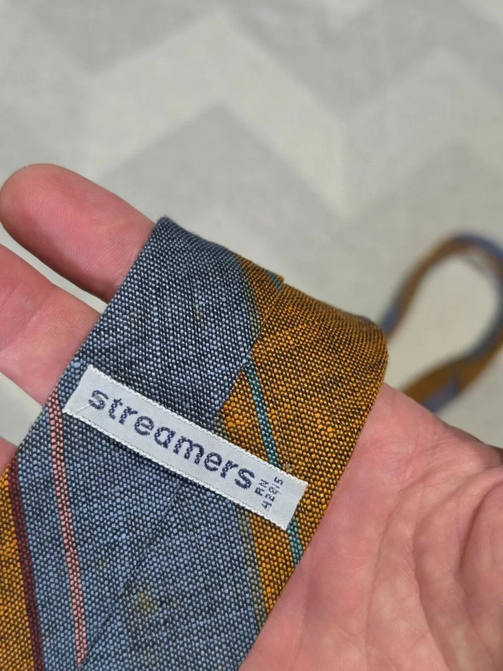 Vintage Streamers 100% Linen Tie With Blue & Orange Stripes 3